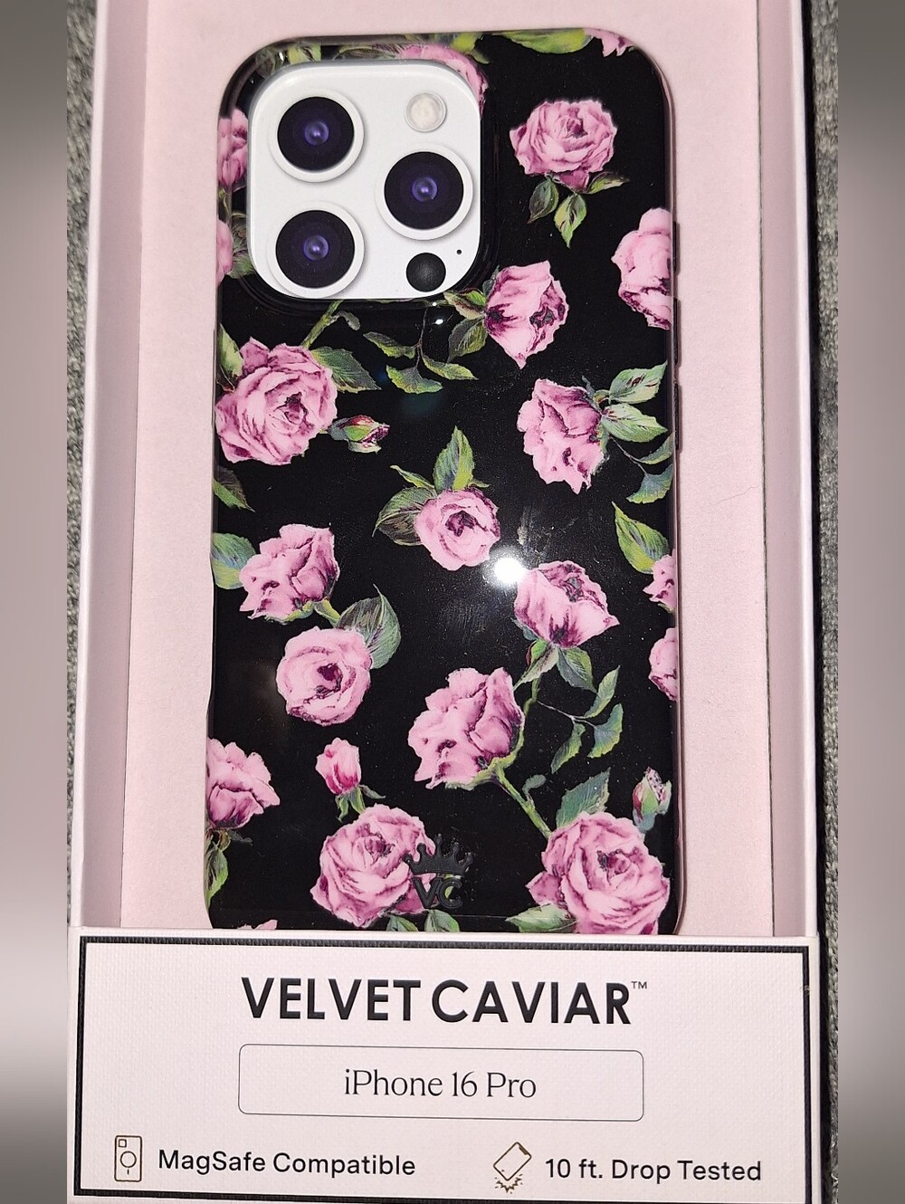 Velvet Caviar iPhone 16 Pro Black Case with Pink Rose Floral Design